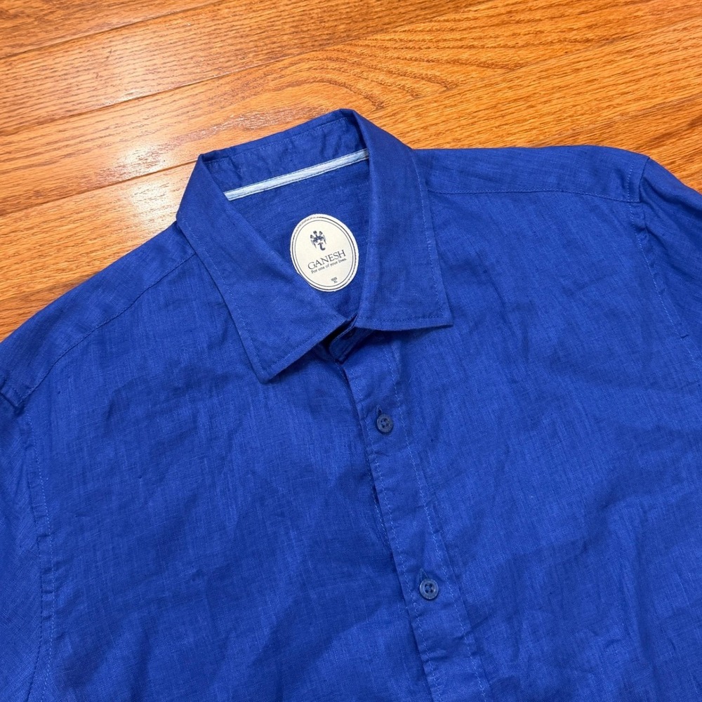 Ganesh 100" Linen Button Down Shirt Mens XL Blue Long Sleeve Casual Summer